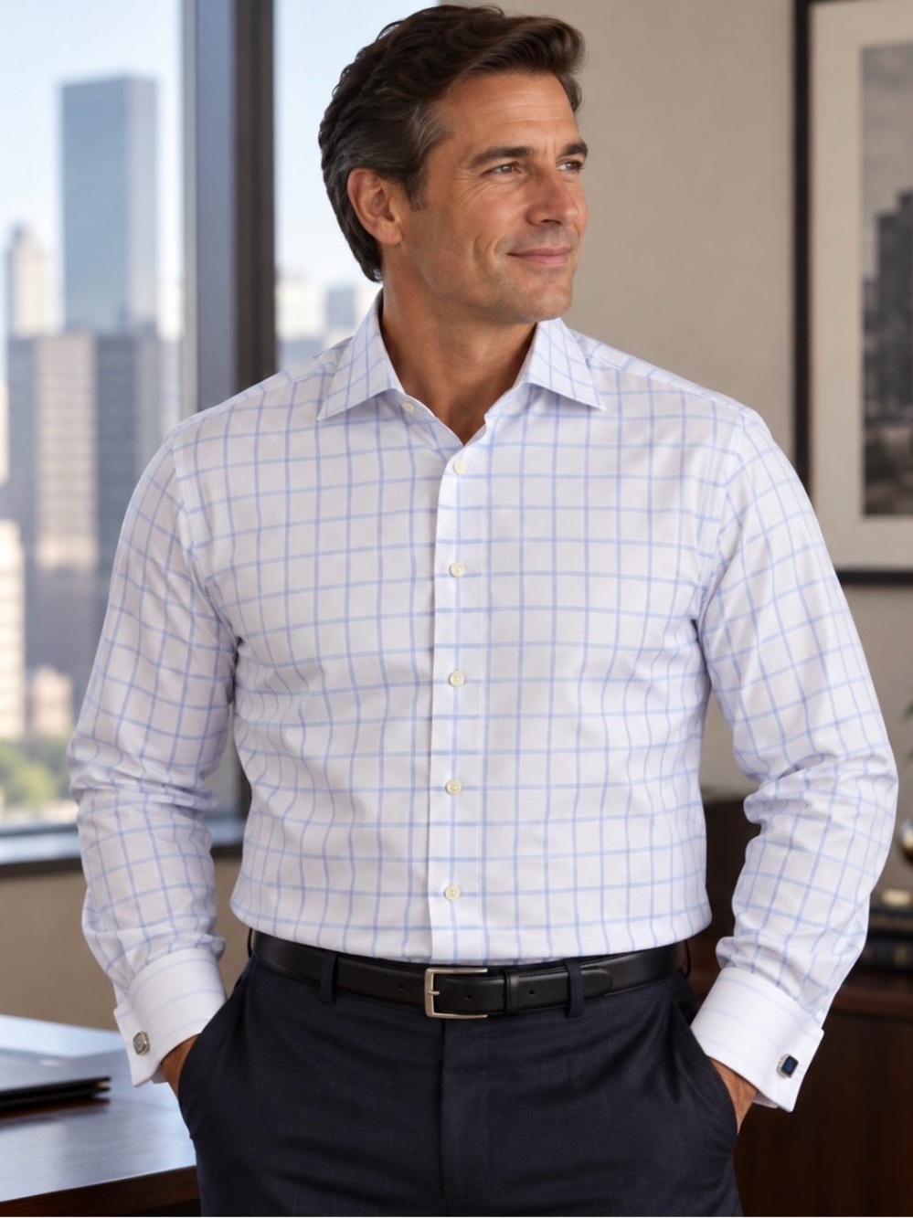 Brooks Brothers Shirt Mens 16.5 32 French Cuff Blue White Grid Check Non-Iron